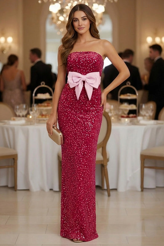 Elegant Sheath Gown | Strapless Floor-Length Evening Dress with Satin Bow