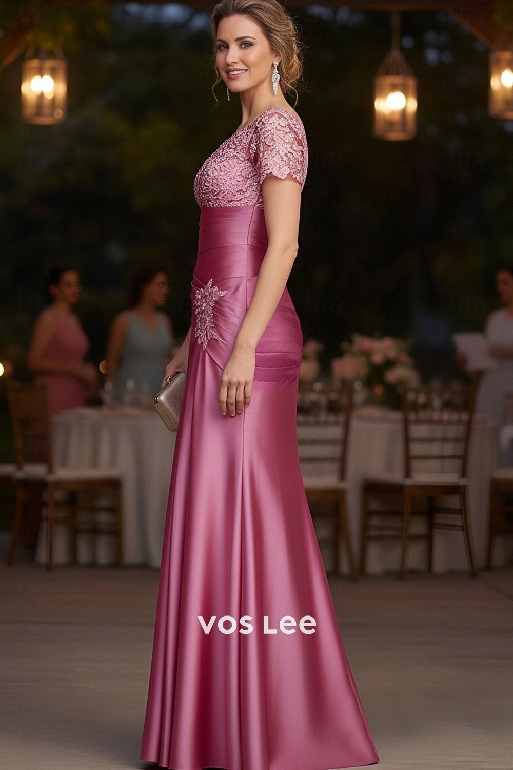 V-Neck Ruched Satin Mother of the Bride Dress with Lace Bodice