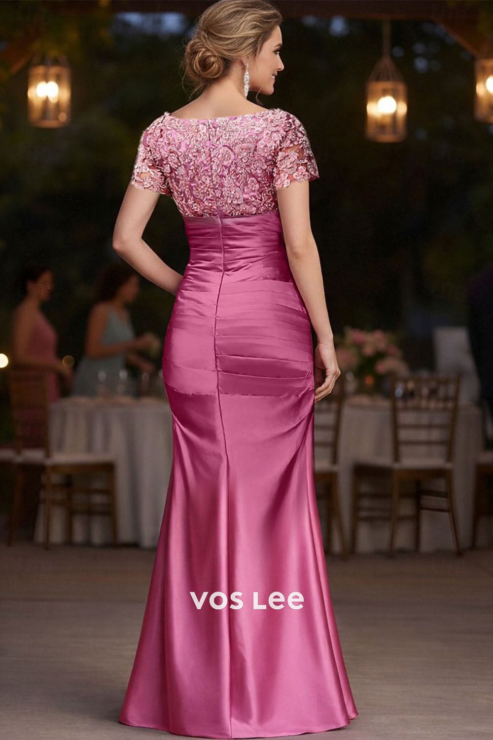 V-Neck Ruched Satin Mother of the Bride Dress with Lace Bodice