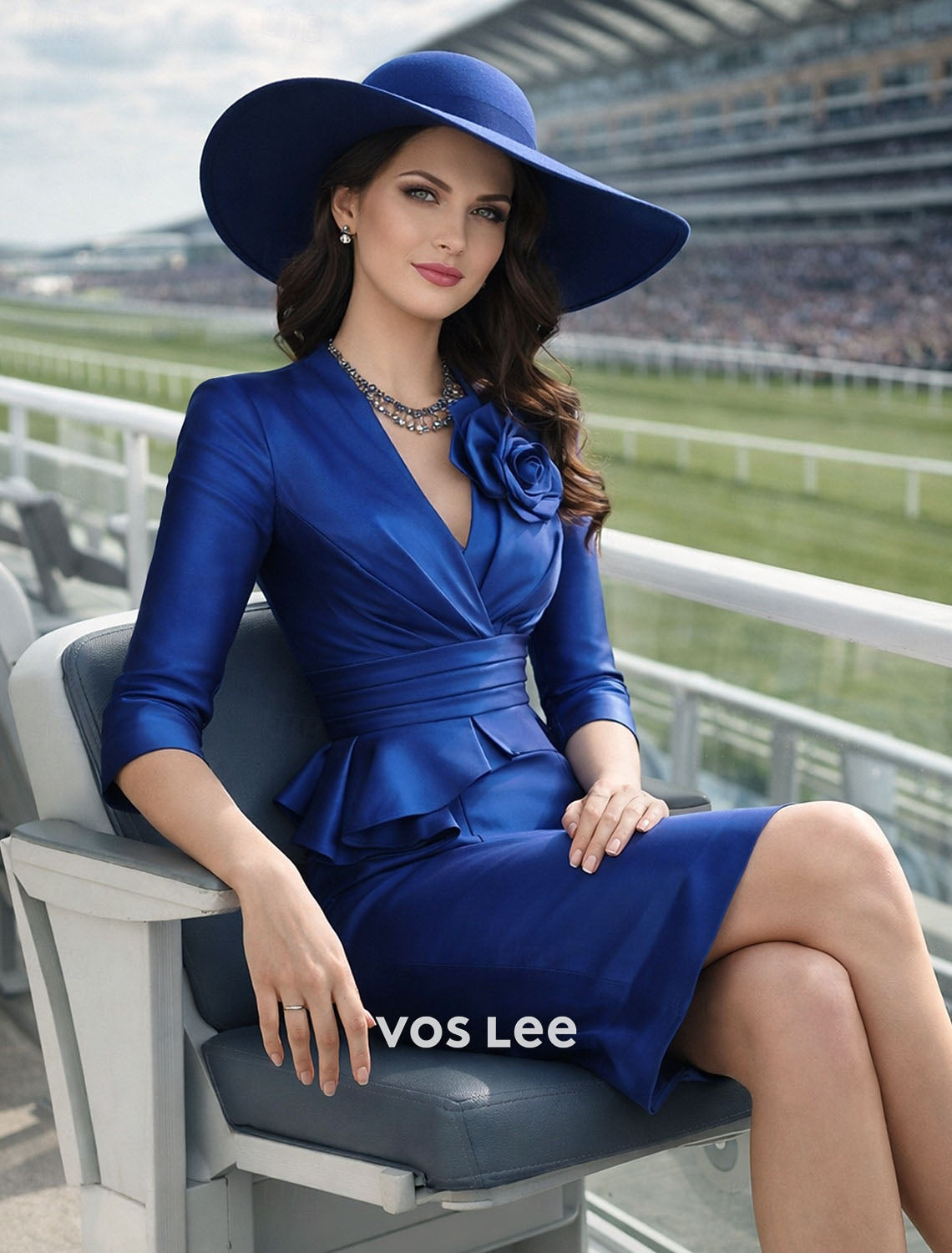 Royal Blue Satin Sheath Mother of the Bride Dress V-Neck 3/4 Sleeve Formal Outfit
