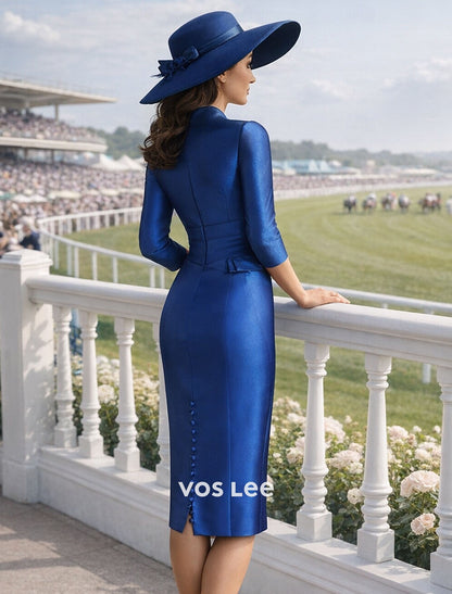 Royal Blue Satin Sheath Mother of the Bride Dress V-Neck 3/4 Sleeve Formal Outfit