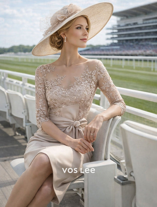 Champagne Lace & Satin Sheath Dress 3/4 Sleeve Illusion Neckline Mother of the Bride Dress