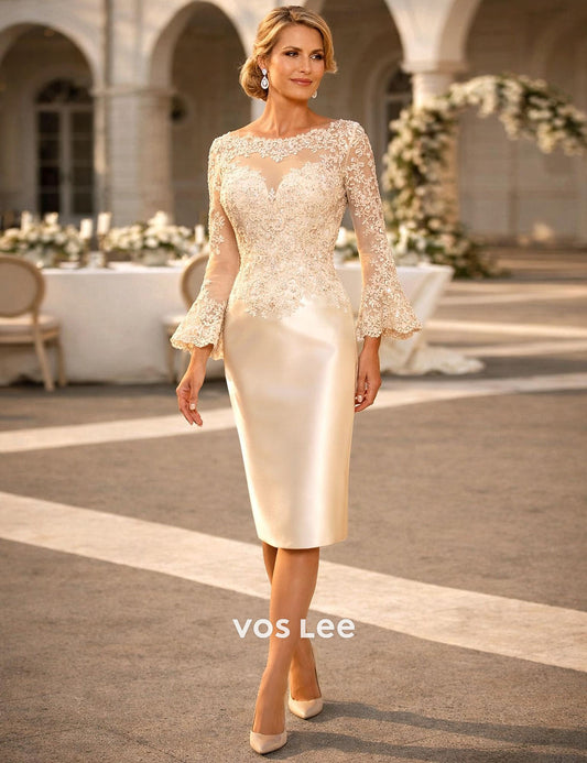 Lace & Satin Sheath Midi Formal Dress | Illusion Neckline Bell Sleeve Mother of the Bride Dress