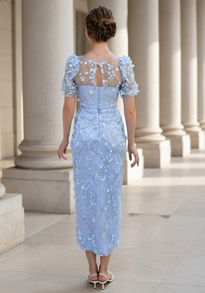 Light Blue Lace Midi Dress - Short Sleeve Sheath Cocktail Dress with Floral Embroidery