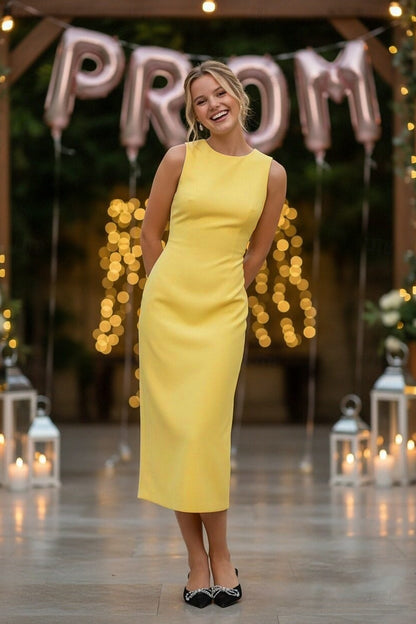Yellow 3D Floral Sleeve Cocktail Dress | Tea-Length Sheath Formal Dress