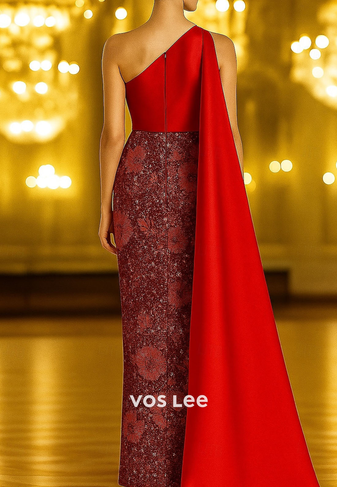 Glitter Embroidery Column One Shoulder Evening Gowns with Stole