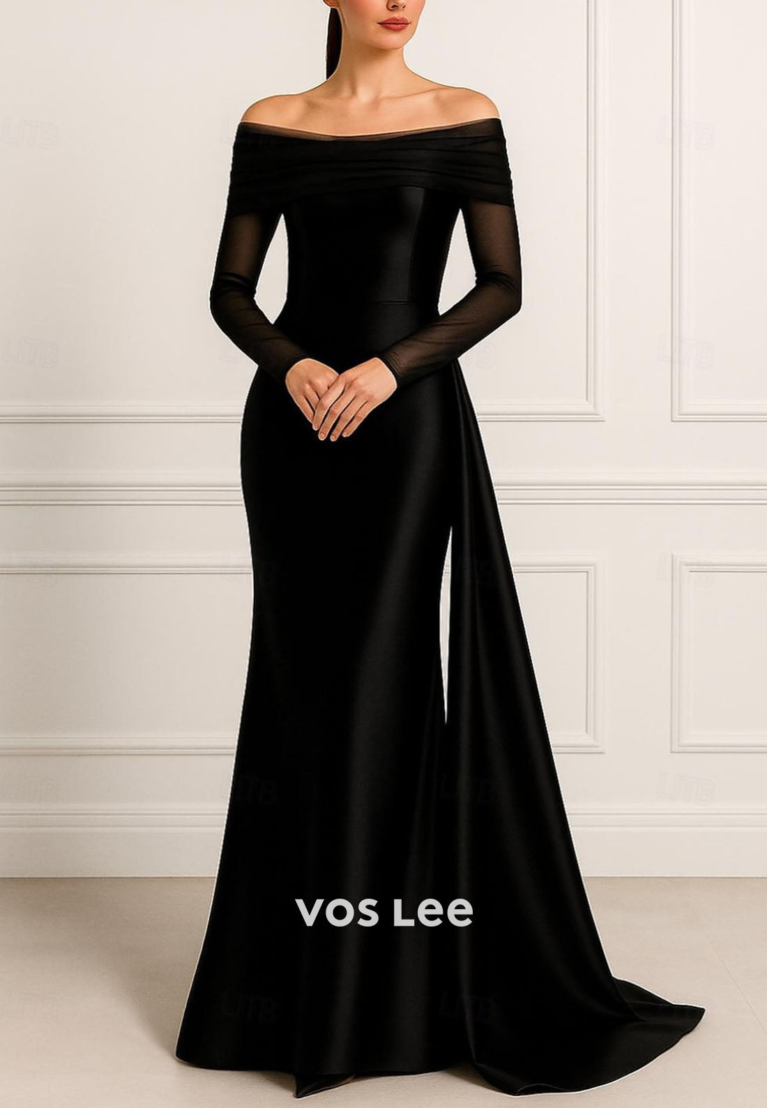 Elegant Sheer Long Sleeve Off Shoulder Sheath Evening Gown Formal Dress