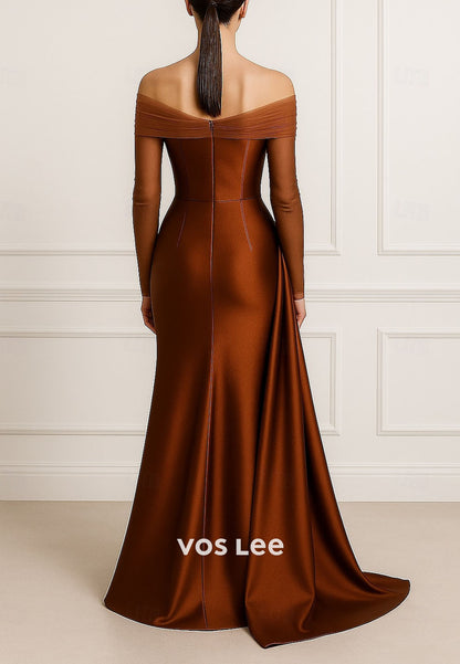 Elegant Sheer Long Sleeve Off Shoulder Sheath Evening Gown Formal Dress