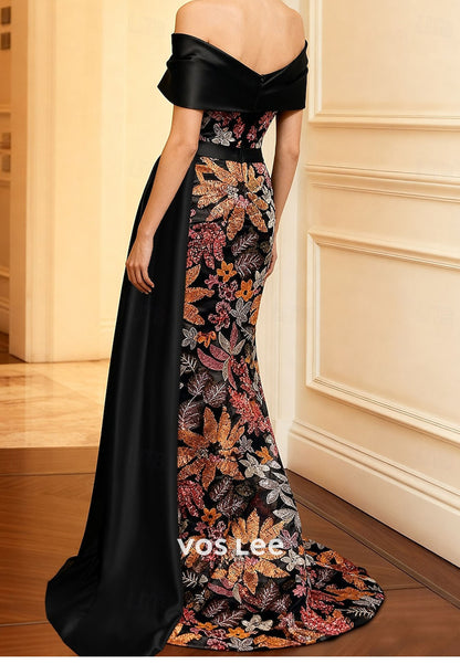 Elegant Off Shoulder Satin Sheath Evening Gown Glittering Sequined Floor Length Formal Dress