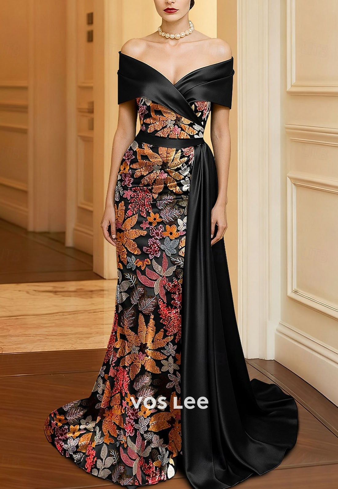 Elegant Off Shoulder Satin Sheath Evening Gown Glittering Sequined Floor Length Formal Dress