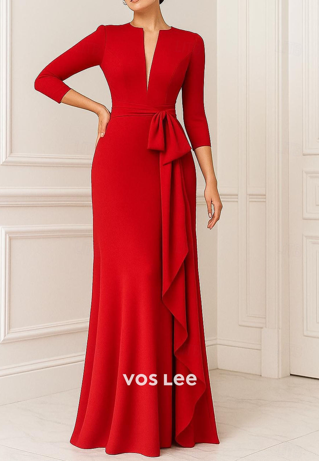 Elegant V Neck Satin 3/4 Sleeves Sheath Long Mother Dress for Bride With Bow