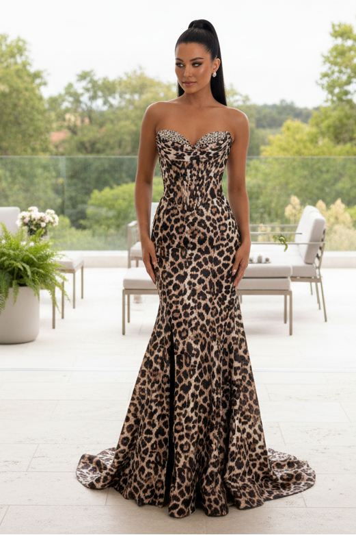 Crystals Sweetheart Leopard Print Mermaid Prom Dress