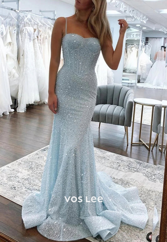 Sparkling Spaghetti Straps Sweetheart Pleated Mermaid Prom Dresses with Sweep Train