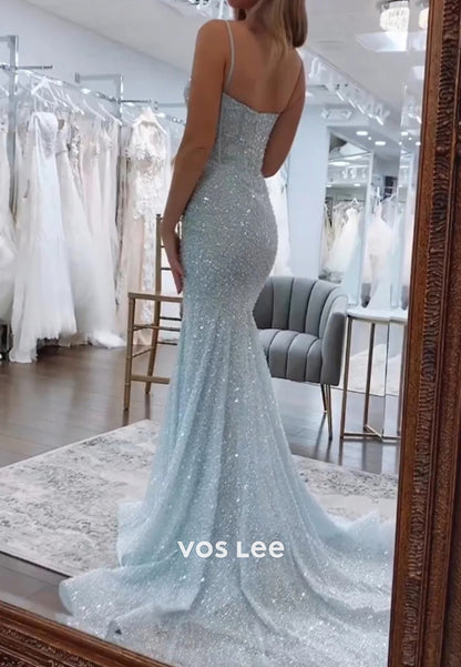 Sparkling Spaghetti Straps Sweetheart Pleated Mermaid Prom Dresses with Sweep Train
