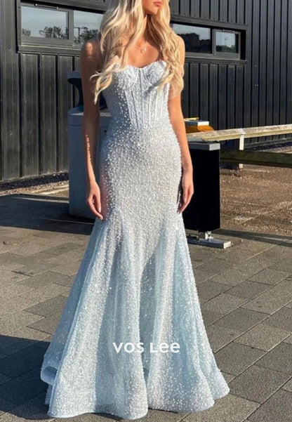 Sparkling Spaghetti Straps Sweetheart Pleated Mermaid Prom Dresses with Sweep Train