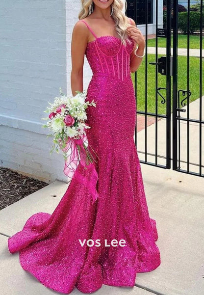 Sparkling Spaghetti Straps Sweetheart Pleated Mermaid Prom Dresses with Sweep Train