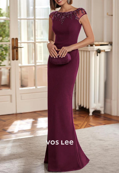 Cap Sleeves Scoop Beaded Embellished Floor-Length Mermaid Mother of Bride Dresses