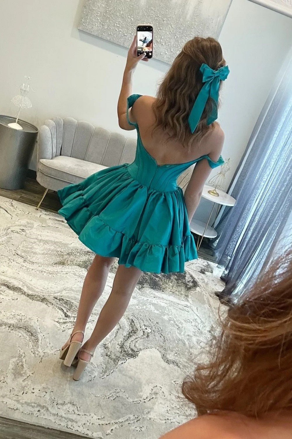Sweety A Line Off the Shoulder Green Corset Homecoming Dress with Ruched