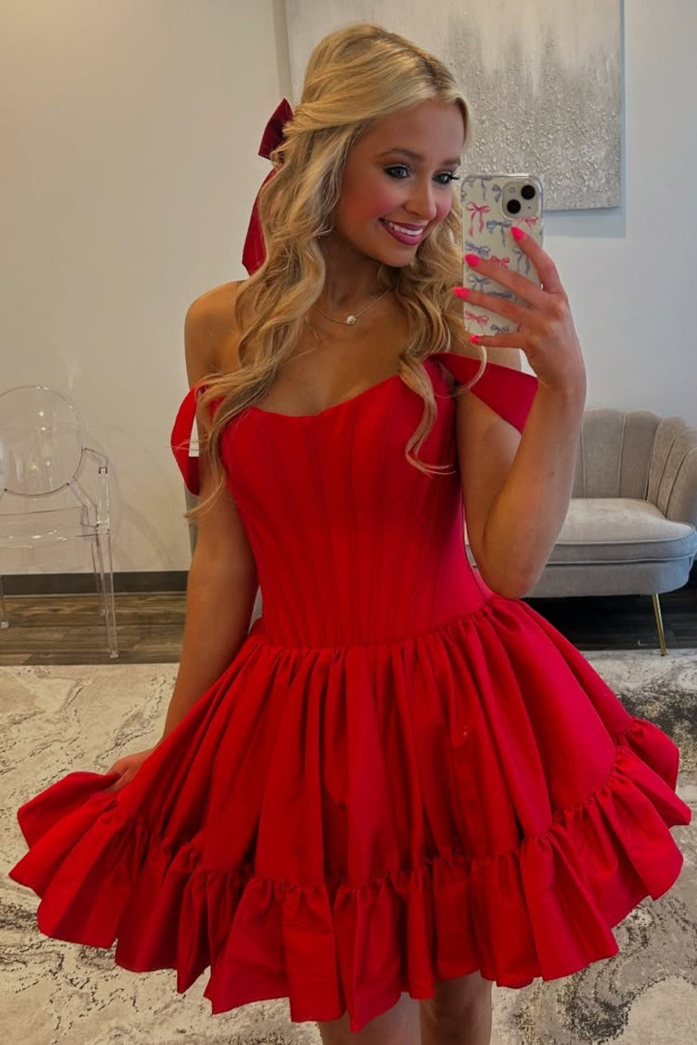 Sweety A Line Off the Shoulder Green Corset Homecoming Dress with Ruched