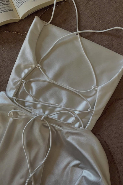 Simple A Line Spaghetti Straps White Satin Short Homecoming Dress with Criss Cross Back