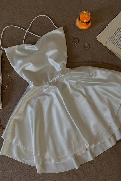 Simple A Line Spaghetti Straps White Satin Short Homecoming Dress with Criss Cross Back