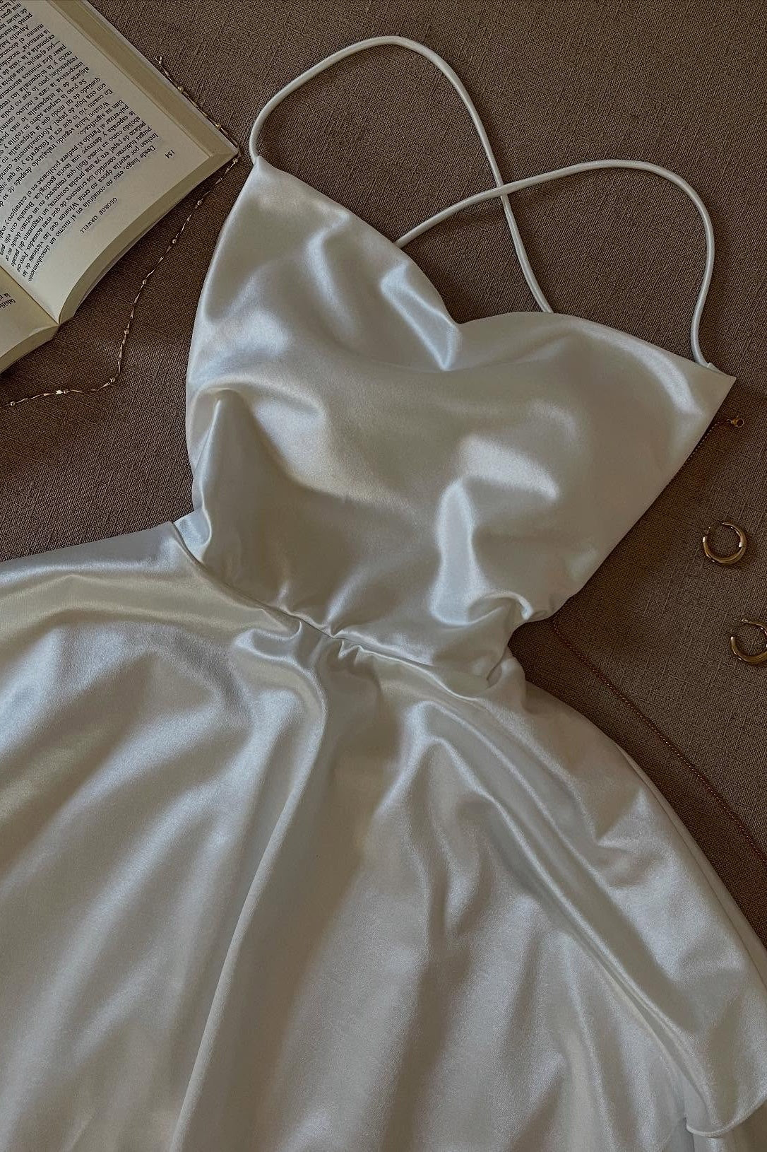 Simple A Line Spaghetti Straps White Satin Short Homecoming Dress with Criss Cross Back