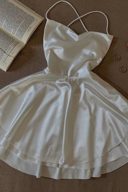 Simple A Line Spaghetti Straps White Satin Short Homecoming Dress with Criss Cross Back