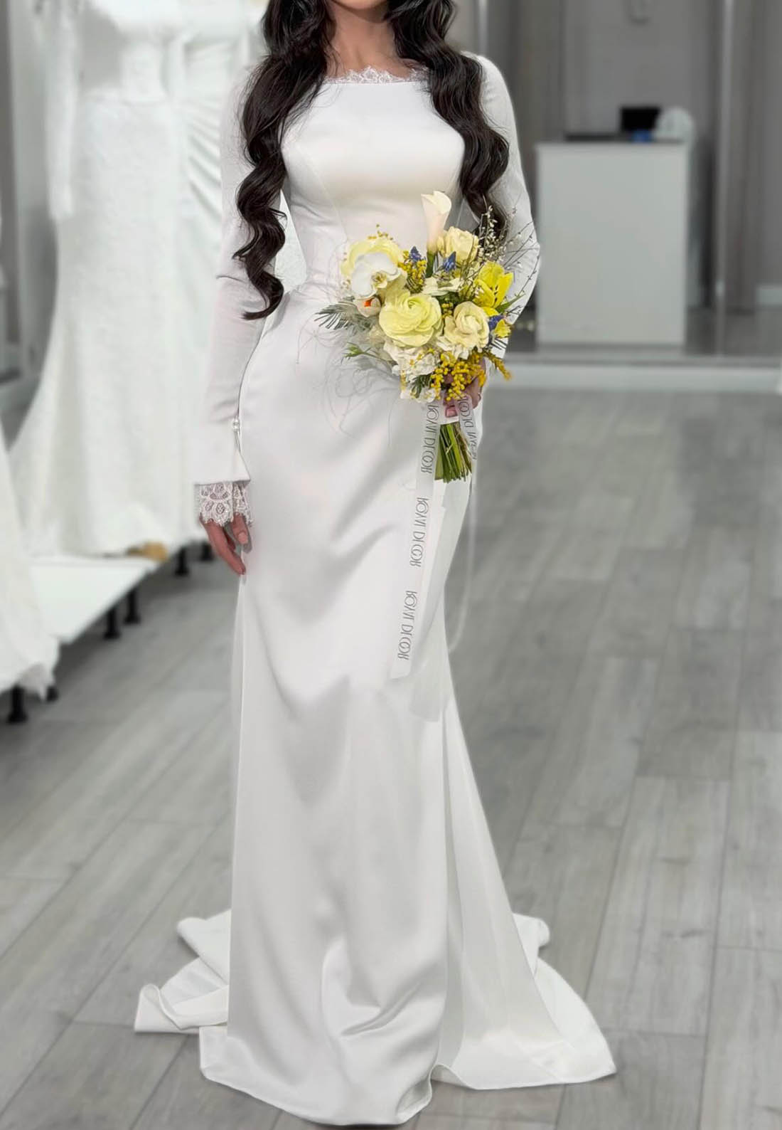 Simple Long Sleeves Square Satin Wedding Dress