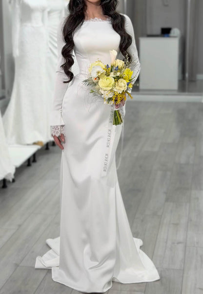 Simple Long Sleeves Square Satin Wedding Dress