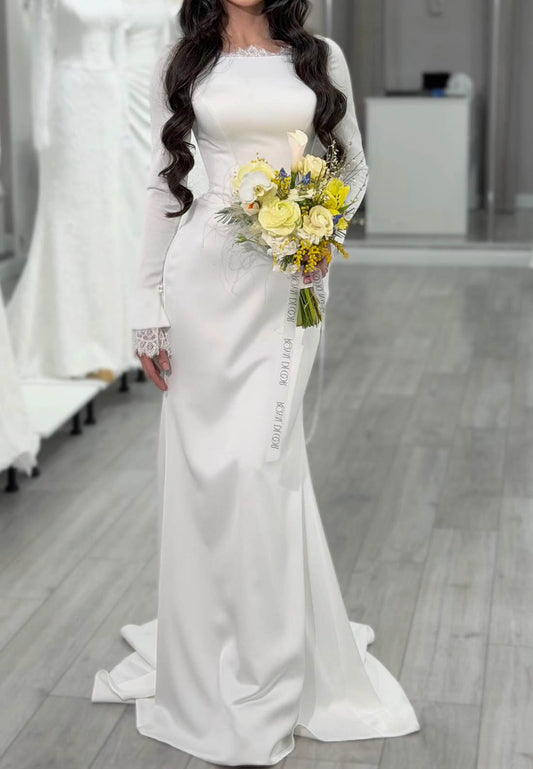 Simple Long Sleeves Square Satin Wedding Dress