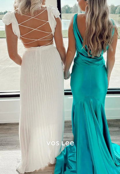 Simple & Casual Regular Straps V Neck Sheath Long Prom Dresses with Sweep Train