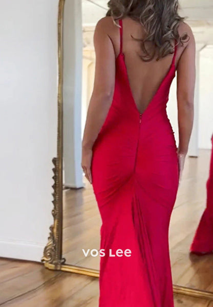 Elegant & Luxurious Spaghetti Straps Ruched Mermaid Prom Dresses with Sweep Train