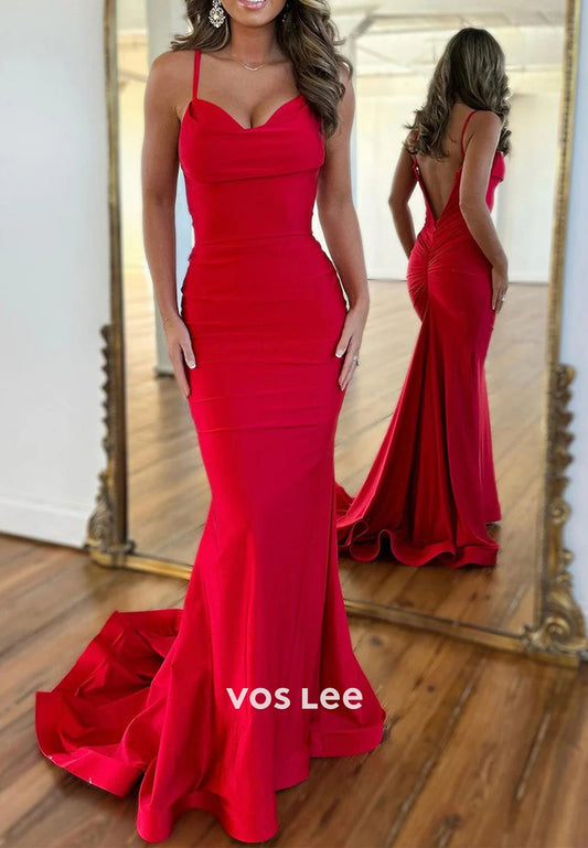 Elegant & Luxurious Spaghetti Straps Ruched Mermaid Prom Dresses with Sweep Train