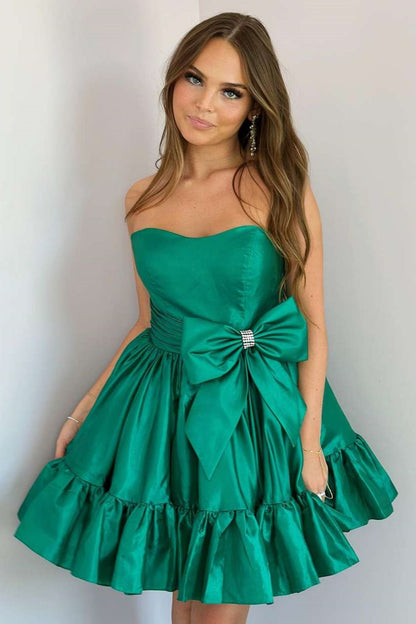 Simple Green A-Line Strapless Short Satin Homecoming Dress With Bowknot