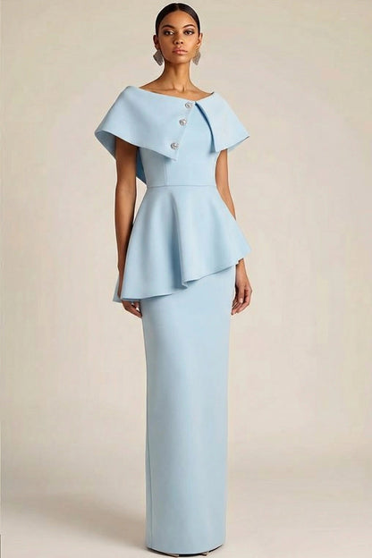 Formal Sky Blue Evening Dress with Peplum Detail - Long Sleeve Mother's Dress