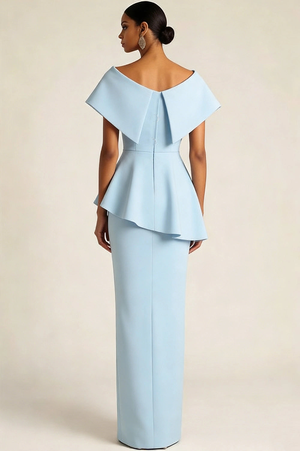 Formal Sky Blue Evening Dress with Peplum Detail - Long Sleeve Mother's Dress