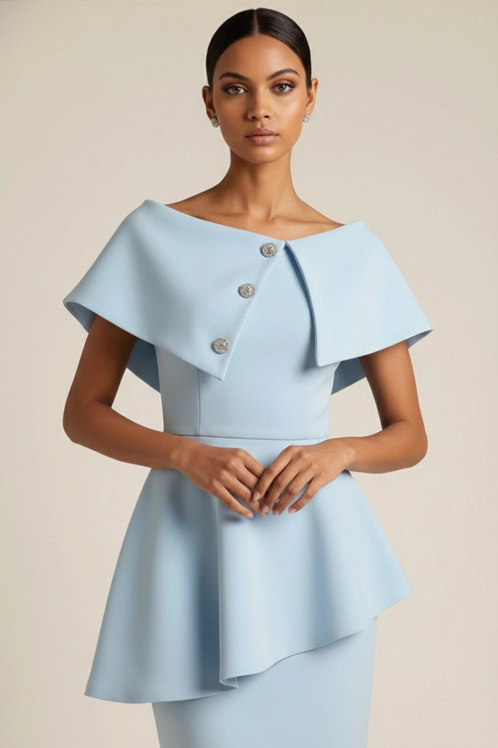 Formal Sky Blue Evening Dress with Peplum Detail - Long Sleeve Mother's Dress