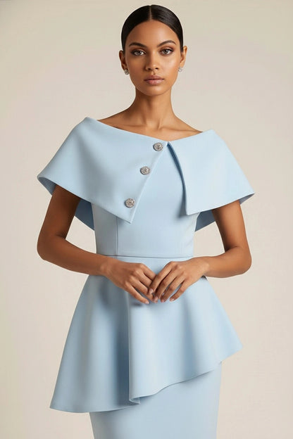 Formal Sky Blue Evening Dress with Peplum Detail - Long Sleeve Mother's Dress