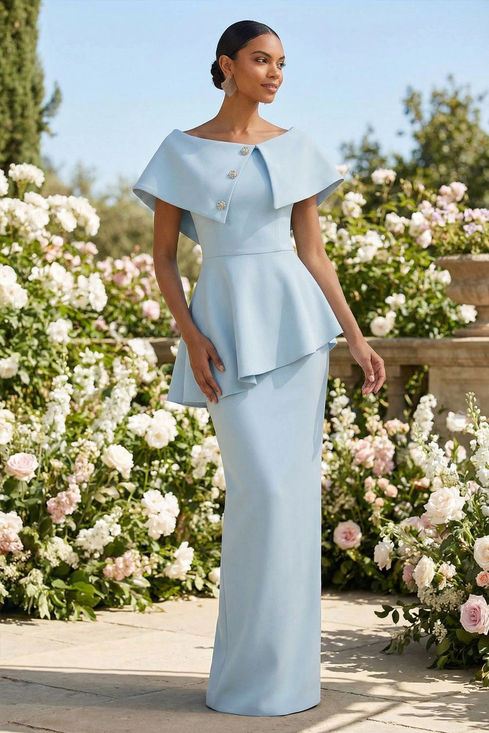 Formal Sky Blue Evening Dress with Peplum Detail - Long Sleeve Mother's Dress