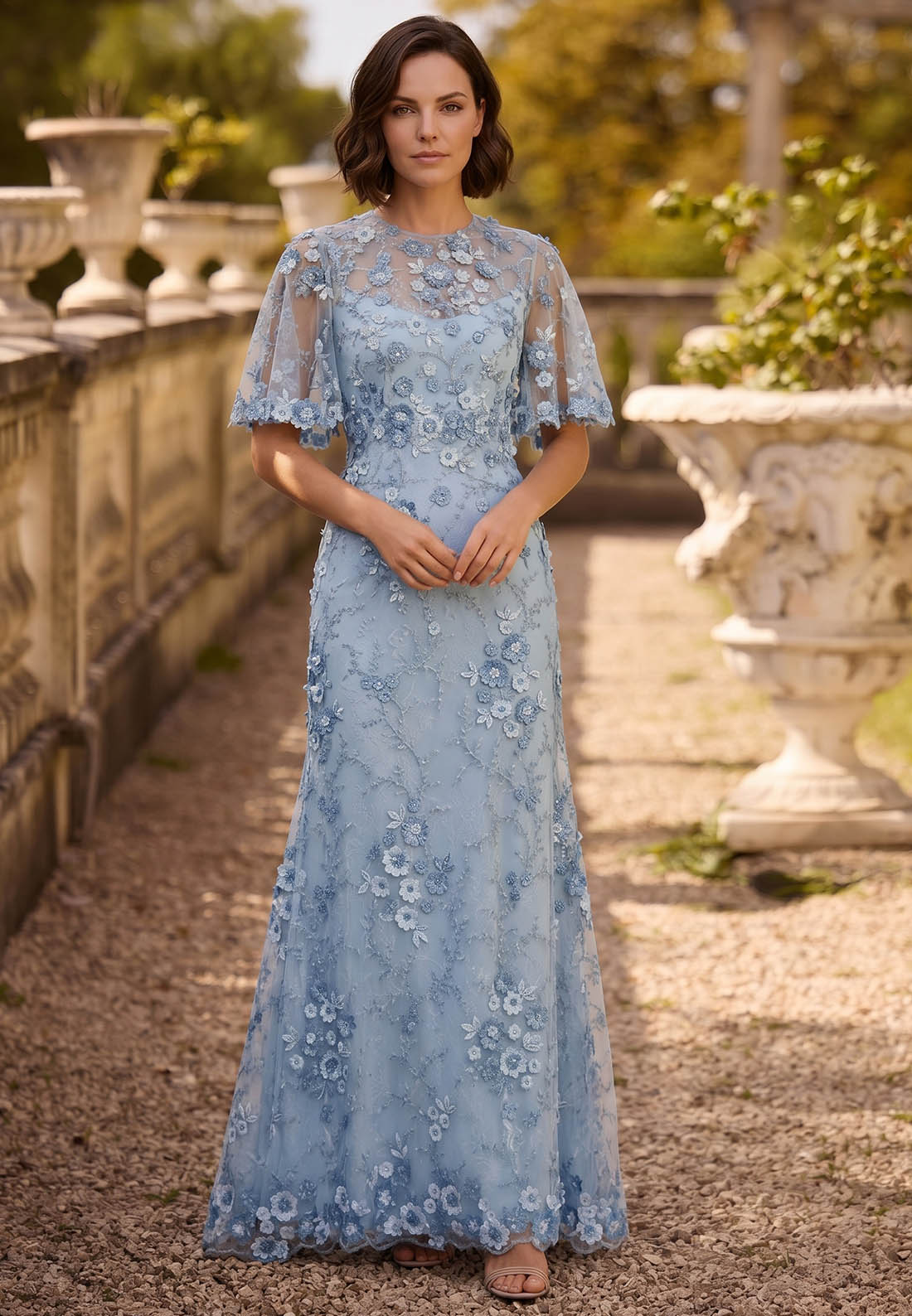 Sky Blue Short Sleeves Scoop Appliques Mother of the Bride Dress