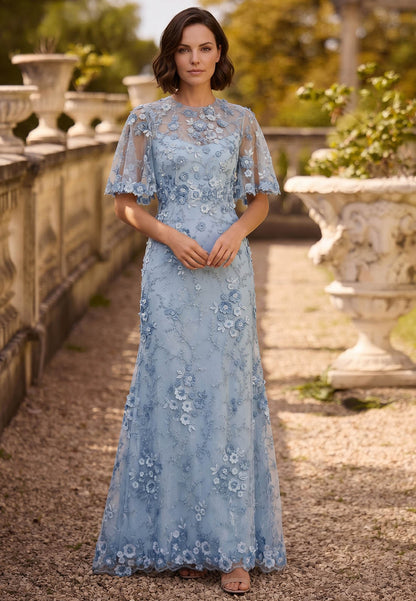 Sky Blue Short Sleeves Scoop Appliques Mother of the Bride Dress