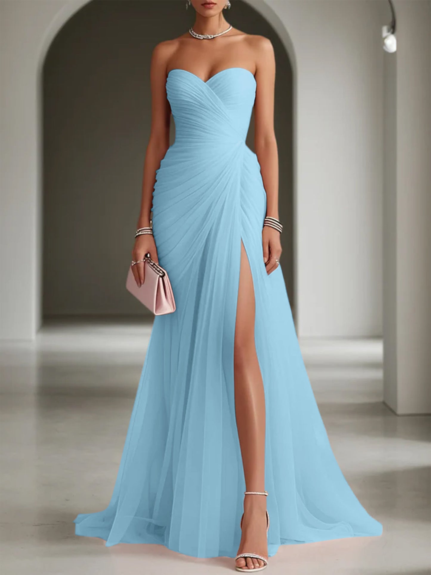 Pink Ruched Slit Tulle Strapless Sleeveless Sheath Gown Dress