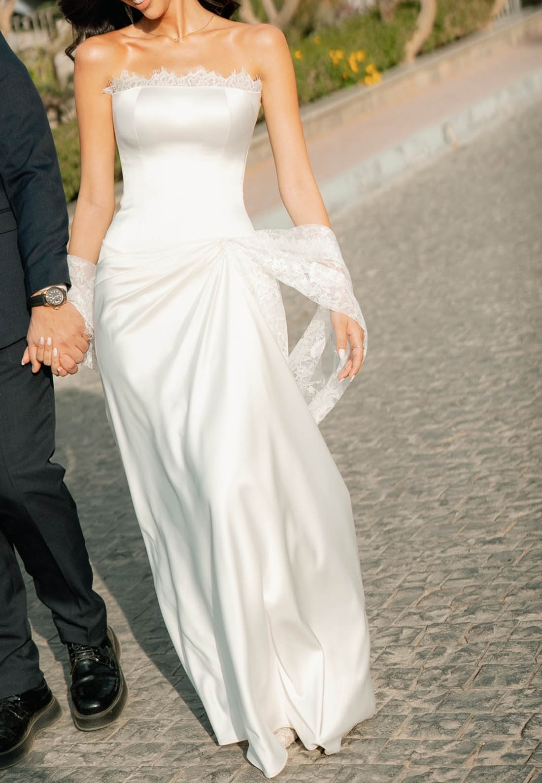 Sleeveless Strapless Ruched Satin Wedding Dress