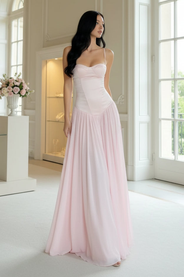 Fashion Spaghetti Straps Light Pink Ruched A-line Maxi Dress