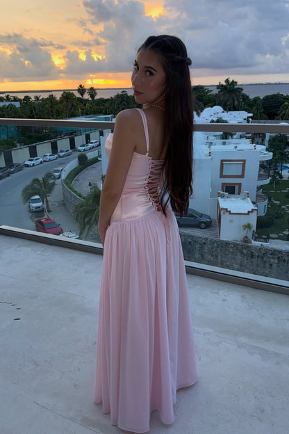 Fashion Spaghetti Straps Light Pink Ruched A-line Maxi Dress