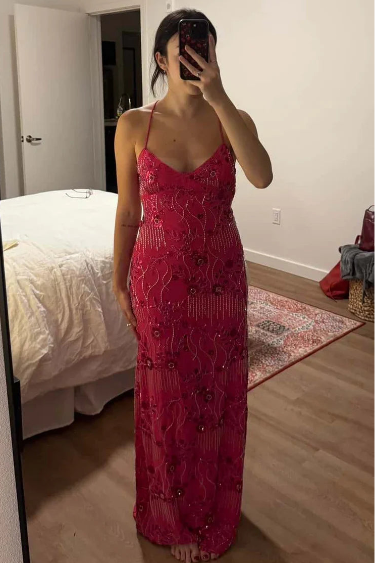 Spaghetti Straps Red Floral Beaded Long Dress
