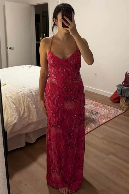 Spaghetti Straps Red Floral Beaded Long Dress