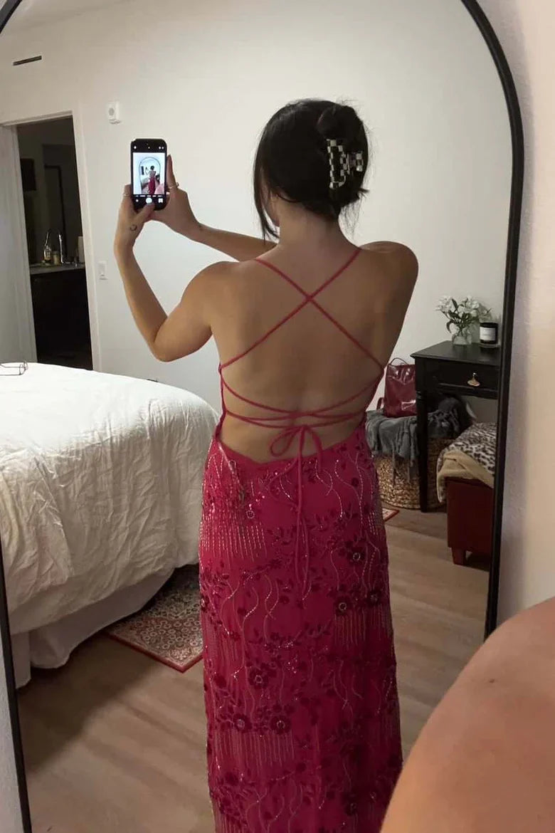 Spaghetti Straps Red Floral Beaded Long Dress