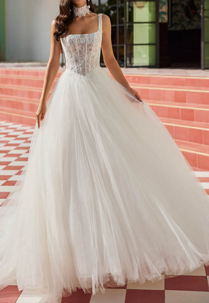 Spaghetti Straps Square Corset Tulle Wedding Dress