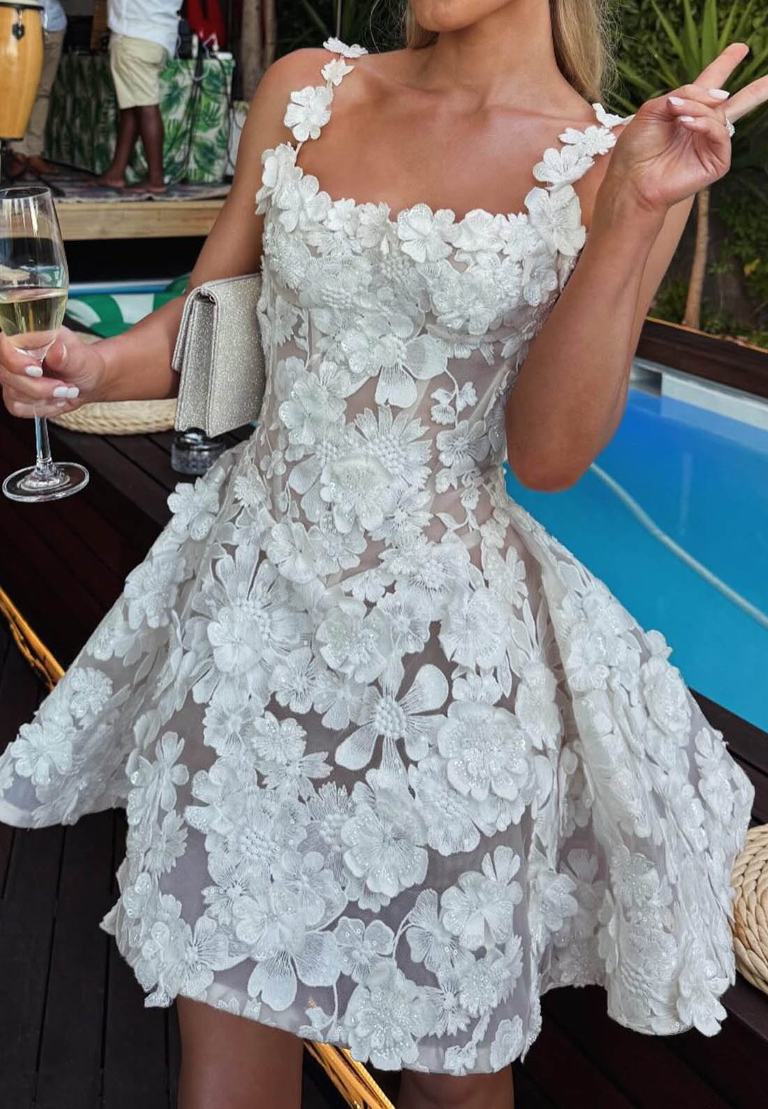 Spaghetti Straps Square Short Lace Wedding Dress